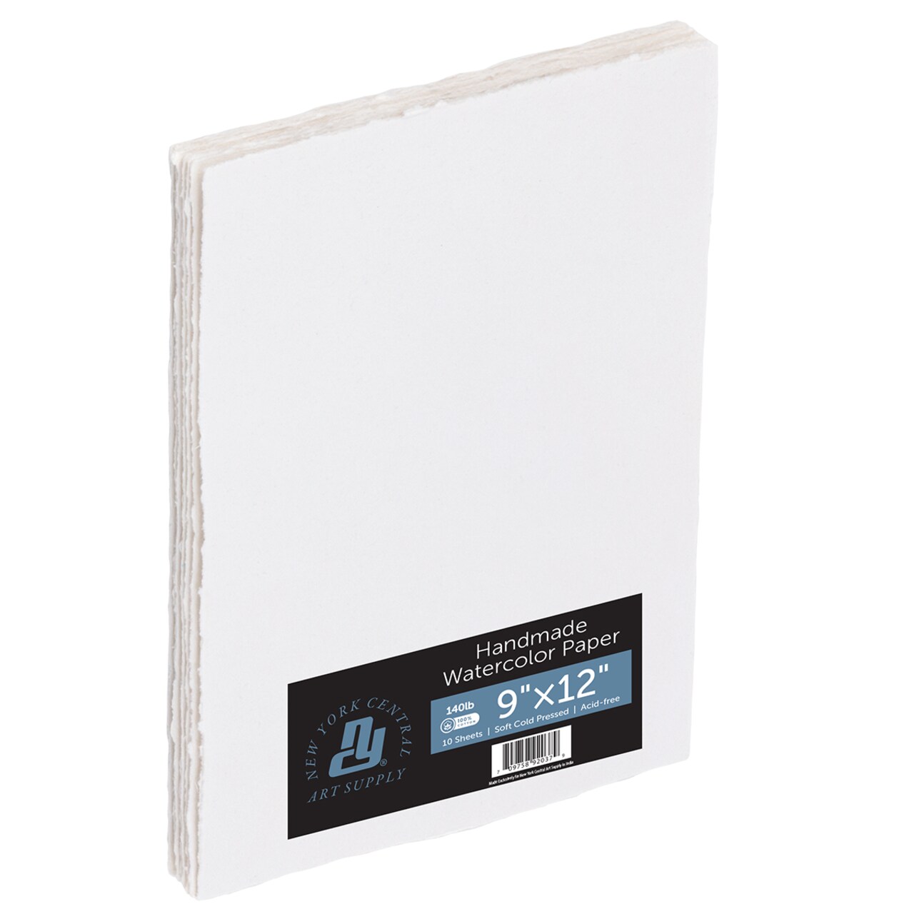New York Central Handmade Watercolor Paper - 140lb, 9"X12" - 1 Pack of 10 Sheets, Acid-Free 100% Cotton Rag, Cold Press, 4 Deckled Edges, Minimally Sized, Mixed Media Paper for Charcoal & Pastels